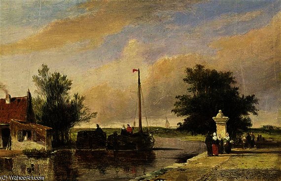 A River Landscape With Boats And Figures On A Quay — Jan Weissenbruch