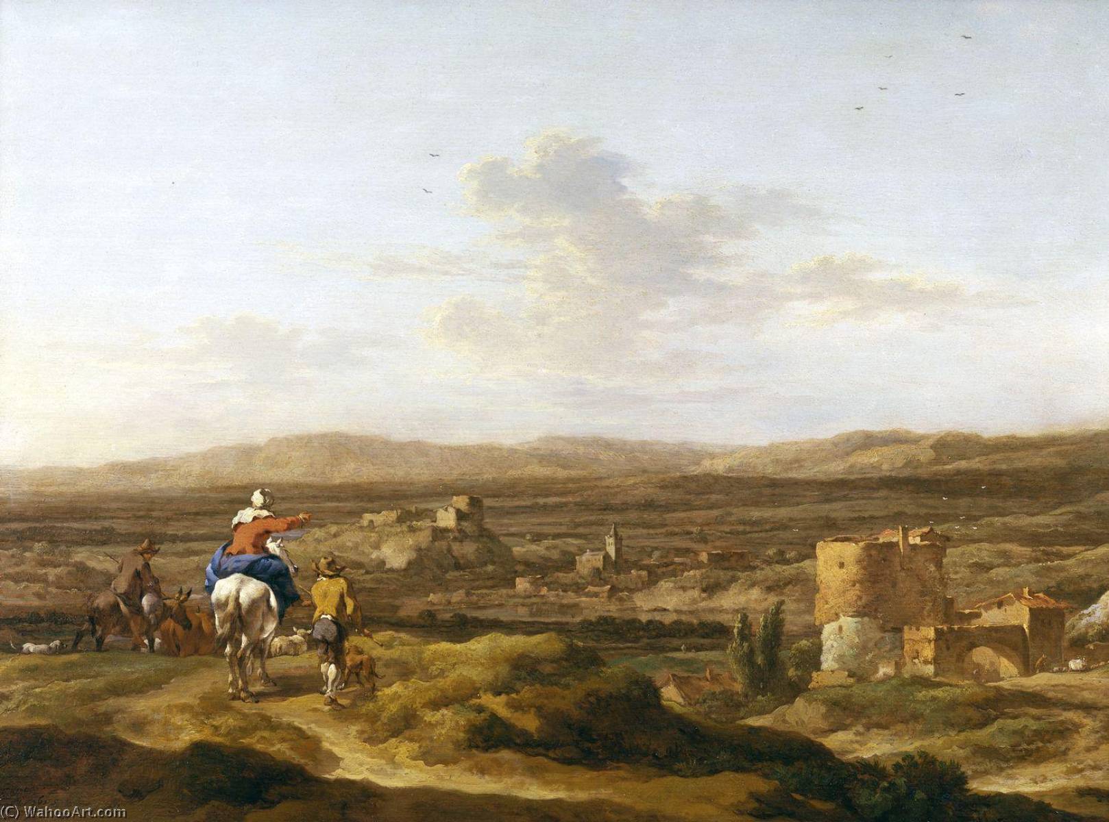 Italian Landscape With Figures And Animals A Village On A Mountain Plateau — Nicolaes Pietersz Berchem