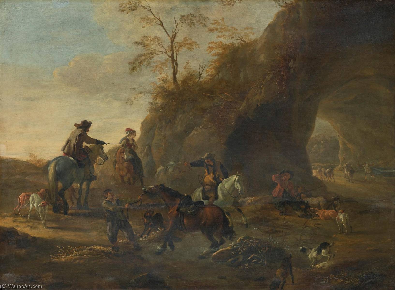 A Landscape With Horsemen And Dogs In The Foreground, A Herdsman With Cattle Beneath A Natural Arch Beyond — Dirck Willemsz Stoop