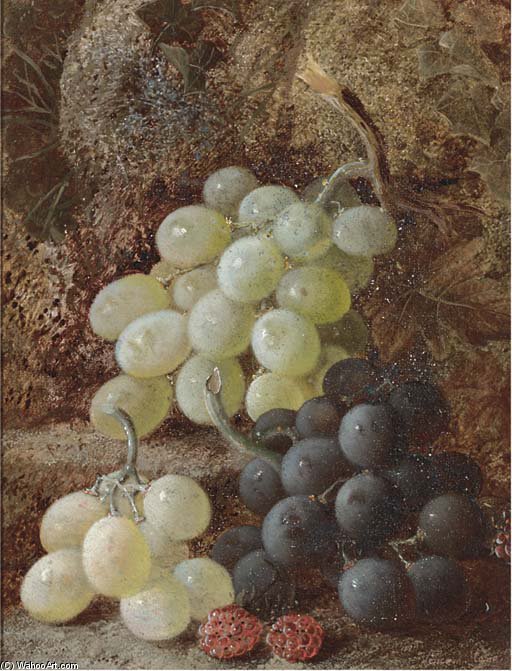 Grapes And Raspberries; And Spring Flowers In A Wicker Basket, On A Mossy Bank — Vincent Clare