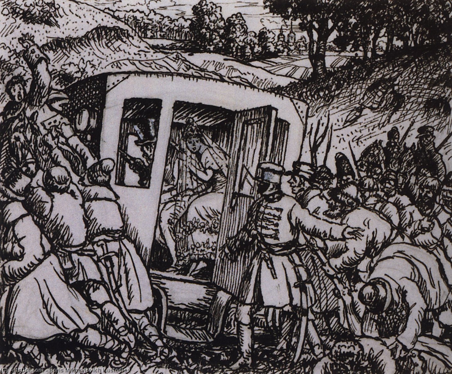 The Attack On The Wedding Carriage — Boris Mikhailovich Kustodiev