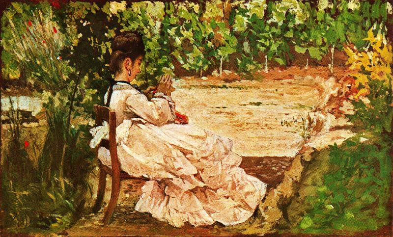 Young Lady Sewing In The Garden — Giovanni Fattori