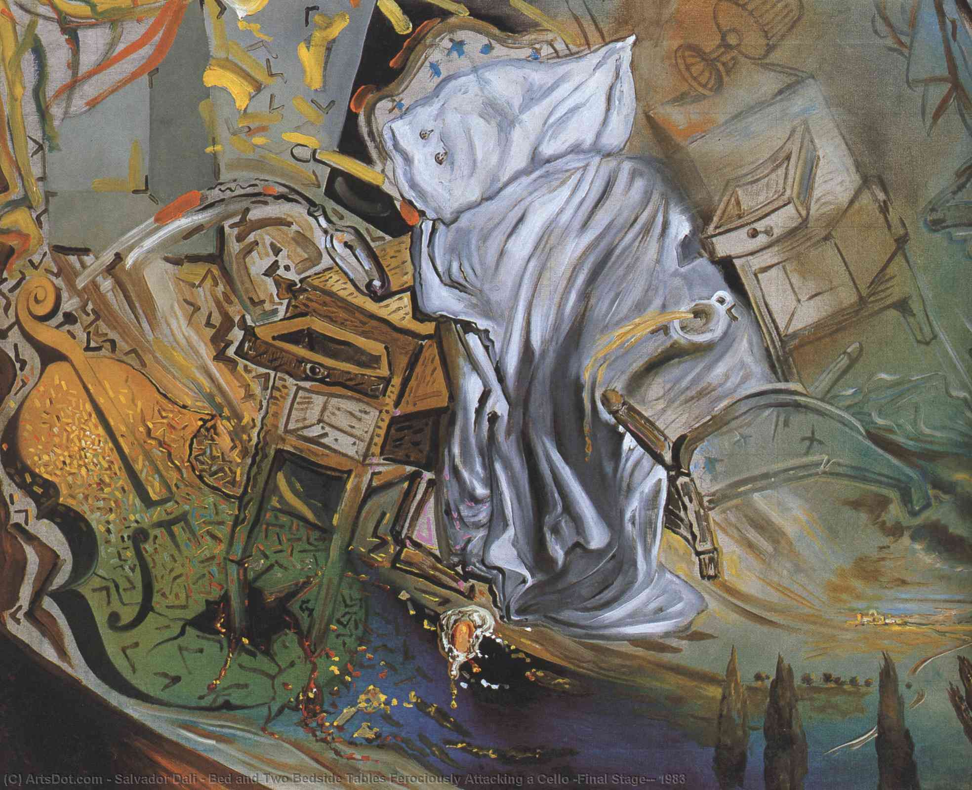 Bed And Two Bedside Tables Ferociously Attacking A Cello (final Stage), 1983 — Сальвадор Дали
