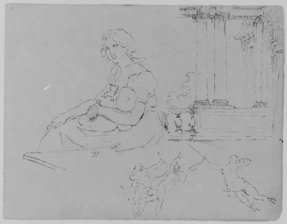 Seated Woman Holding Baby; Ionic Porch And Balustrade, Three Fleeting Figures — Thomas Sully