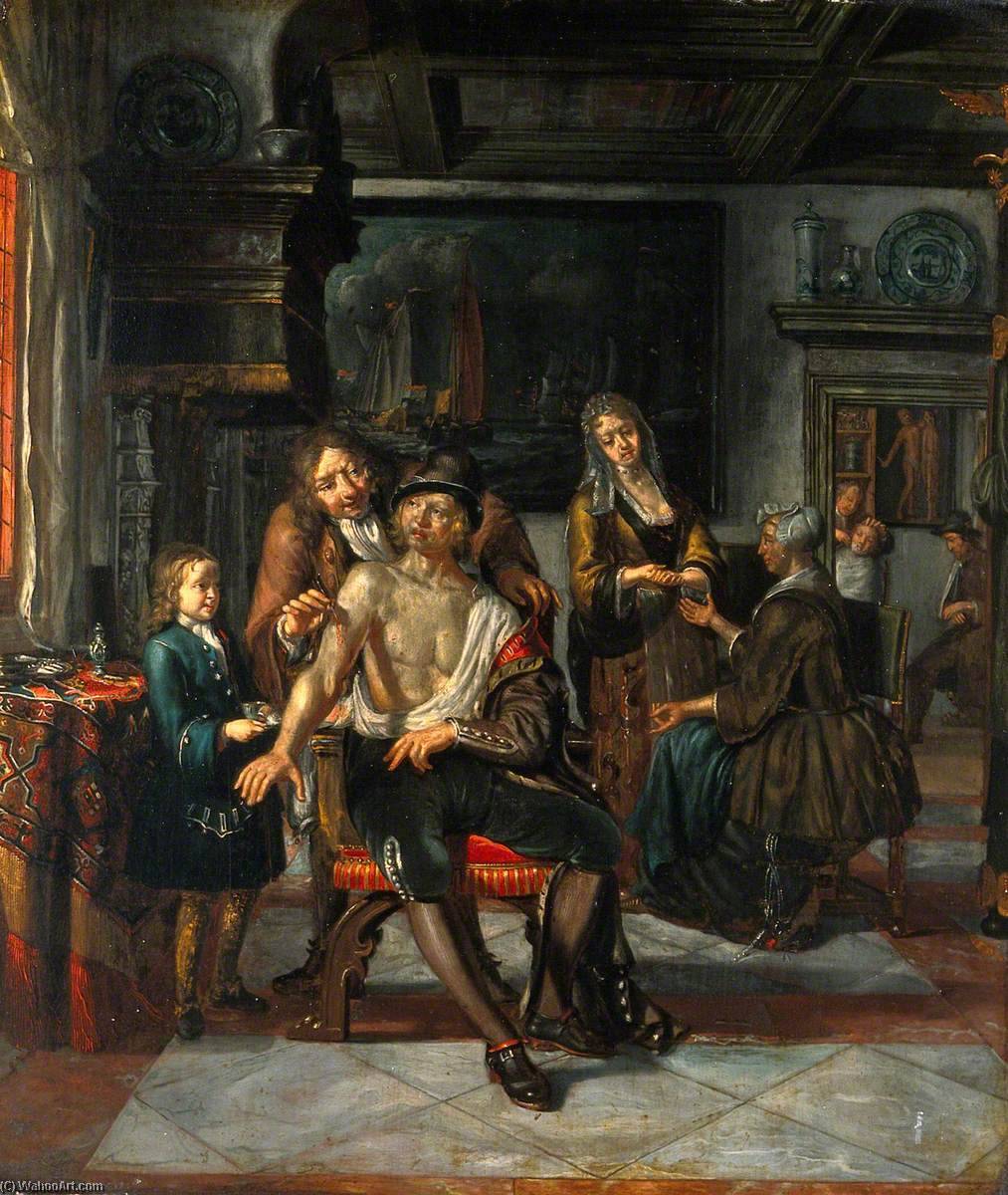 Interior Of A Surgery With A Surgeon Treating A Wound In The Arm Of A Man, With A Boy And Five Other Figures — Matthijs Naiveu