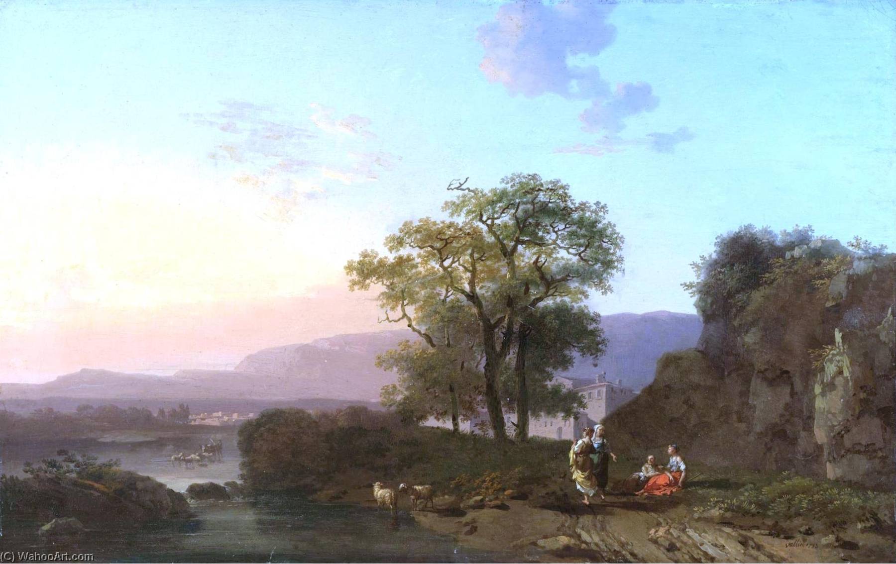 An Italianate Landscape At Sunset With Sheperdesses Resting In The Foreground — Jacques Antoine Vallin