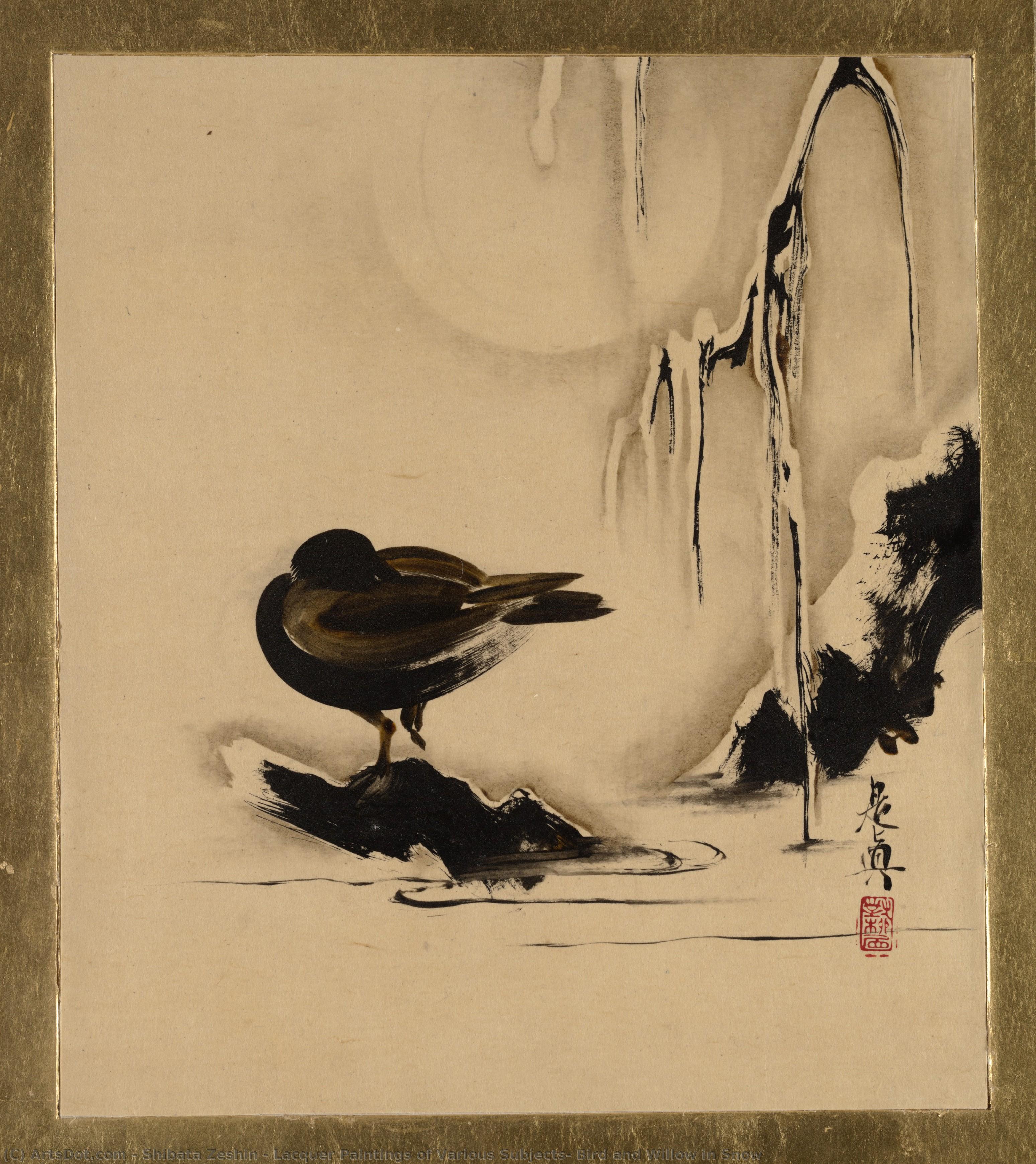 Lacquer Paintings Of Various Subjects: Bird And Willow In Snow — Shibata Zeshin