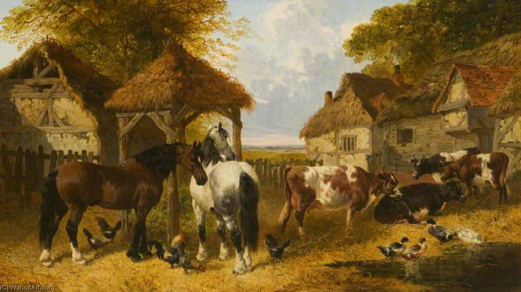 A Farmyard Scene With Horses, Ducks And Poultry — John Frederick Herring Ii