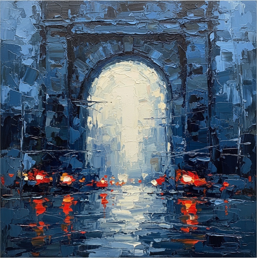 Leuchtendes Portal Durch Mitternachtsblaue Schatten Und Glut Strahlenden Lichts — Christian Noiret