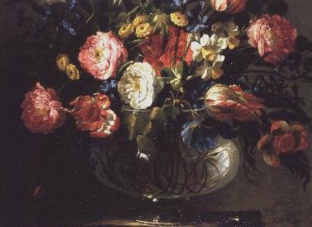 Tulips, Carnations And Narcissi In A Glass Vase — Juan De Arellano