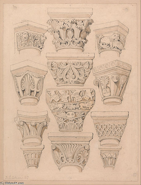Capitals In The Abbey Church Of St. Georges De Bocherville, Near Rouen, Normandy — John Sell Cotman