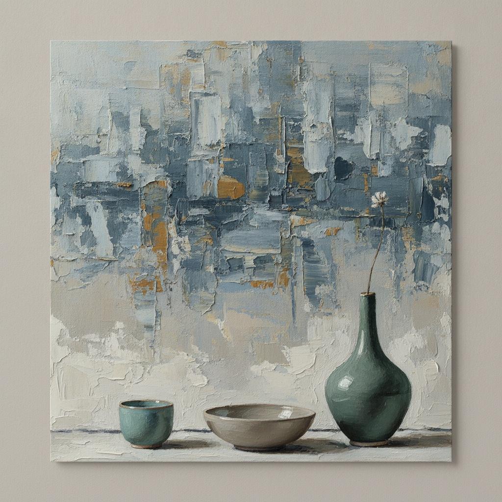 Teal Ceramics Amidst Fragmented Slate And Ochre Strokes — Laurent Roche