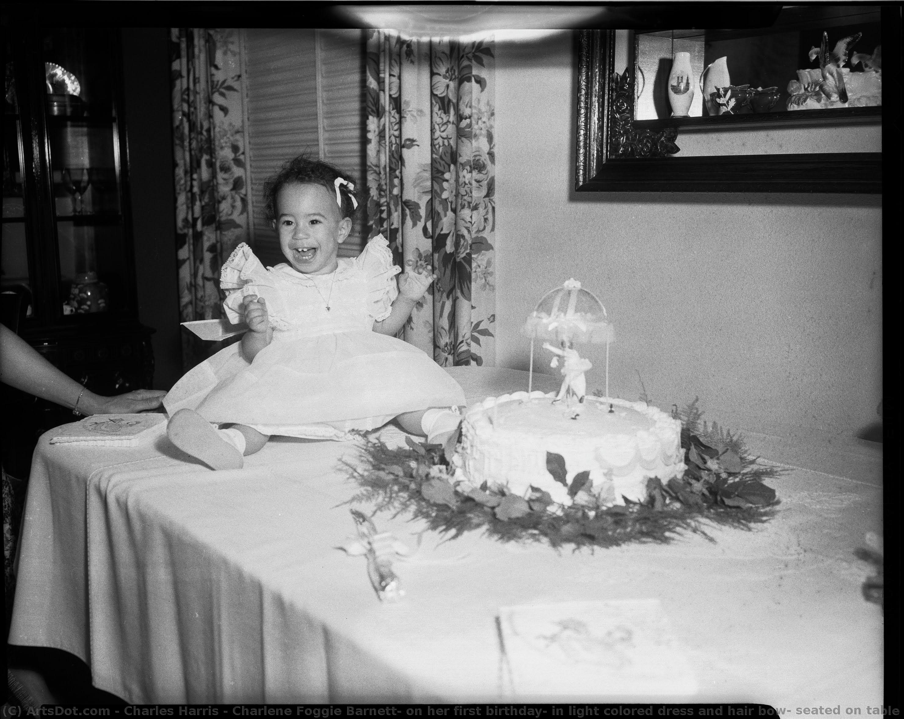 Charlene Foggie Barnett, On Her First Birthday, In Light Colored Dress And Hair Bow, Seated On Table Beside Cake With Dancer On Top, In Parsonage Of Wesley Center Church — Charles Harris