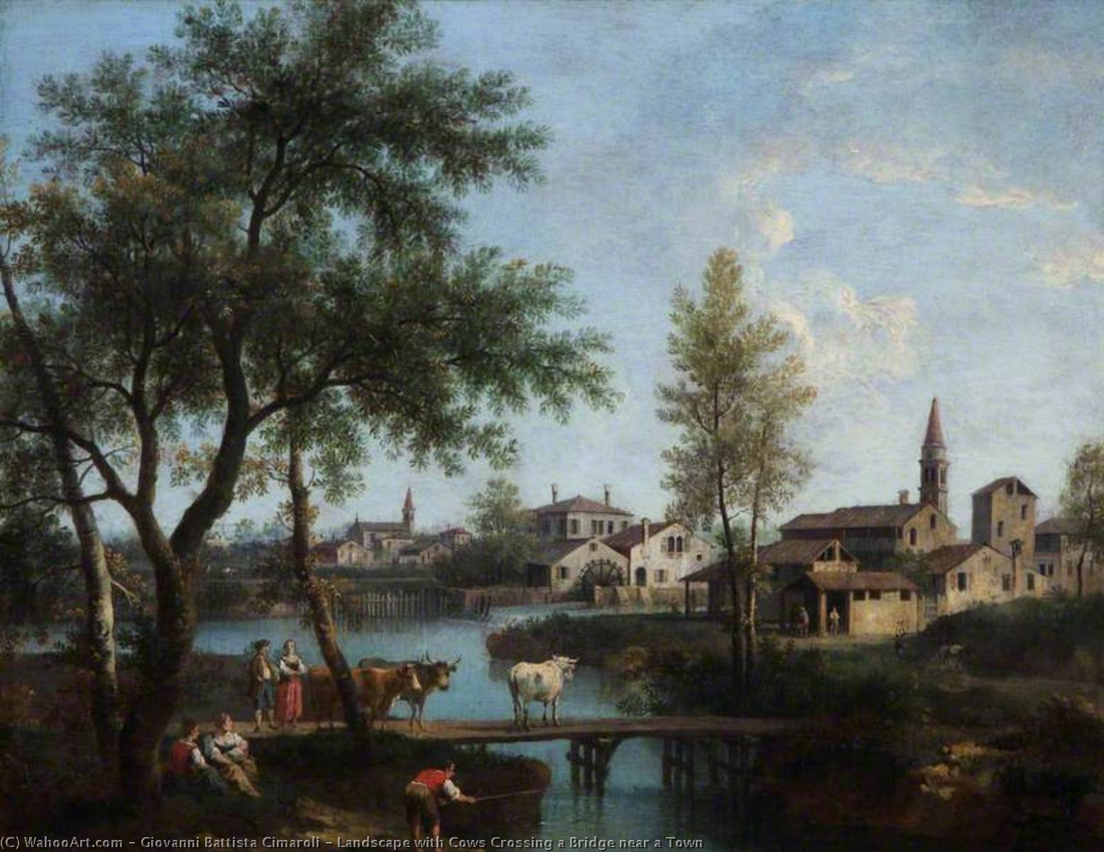 Landscape With Cows Crossing A Bridge Near A Town — Giovanni Battista Cimaroli