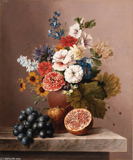 Flowers In A Vase With Grapes And Pomegranates On A Stone Ledge — Arnoldus Bloemers