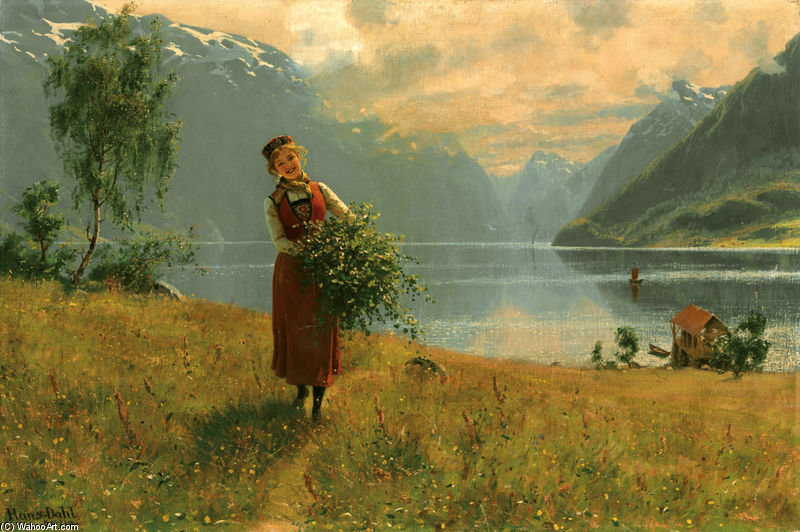 Junges Mädchen Mit Birkenzweigen Vor Einem Norwegischen Fjord. — Hans Dahl