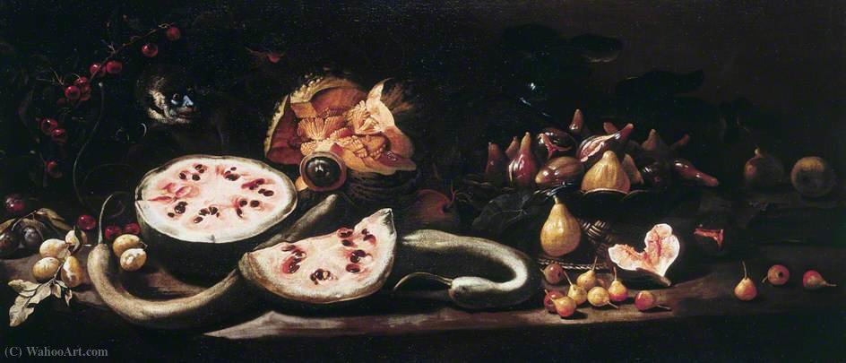 Still Life With Watermelons, Plums, Cherries, A Basket Of Figs, Pears And A Monkey — Giovanni Battista Ruoppolo
