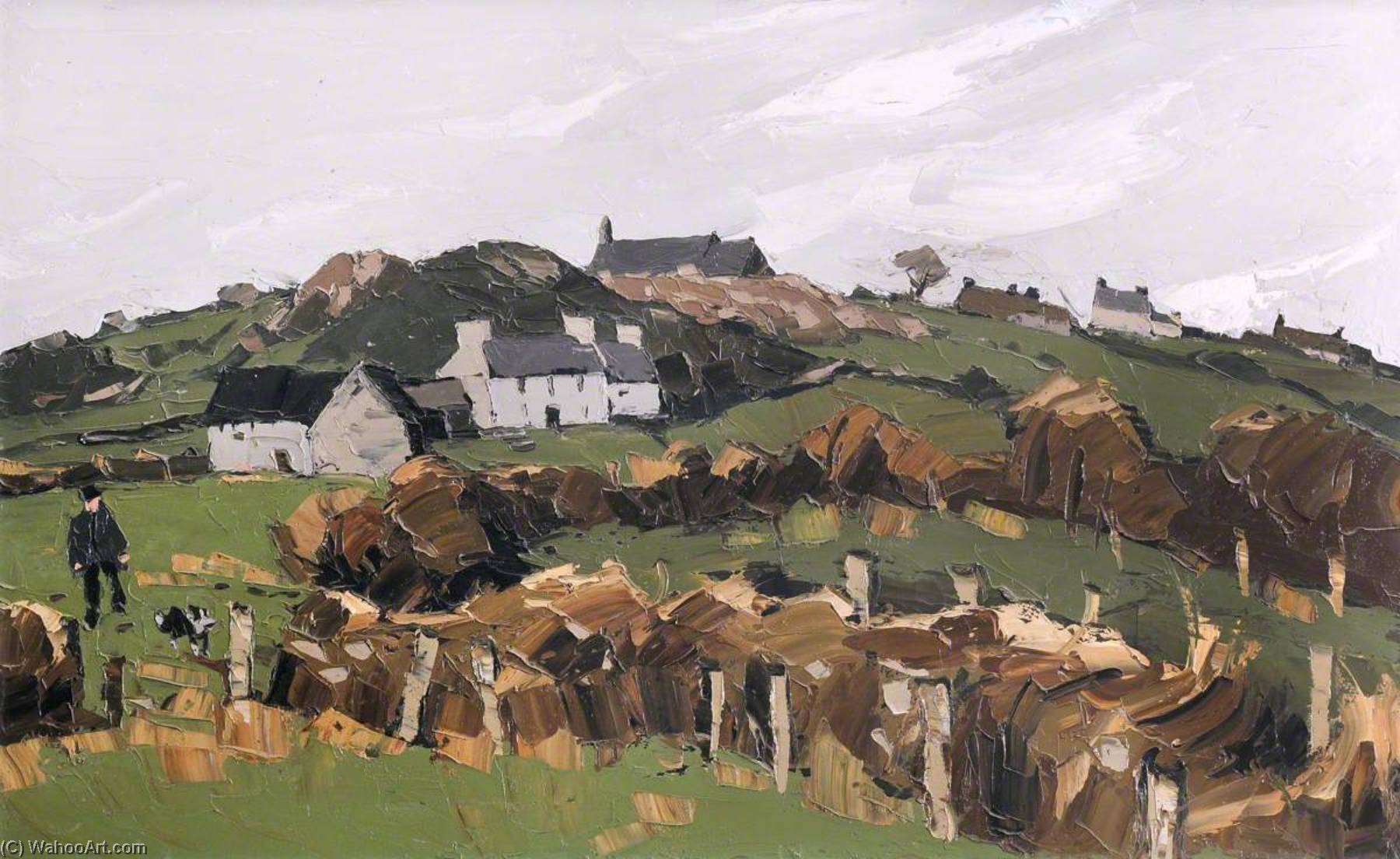 Hillside With Sheep Farmer And Dog — John Kyffin Williams