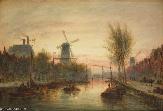 Fishing Boats On The Canal In Dutch Windmill Landscape — Cornelis Christiaan Dommelshuizen