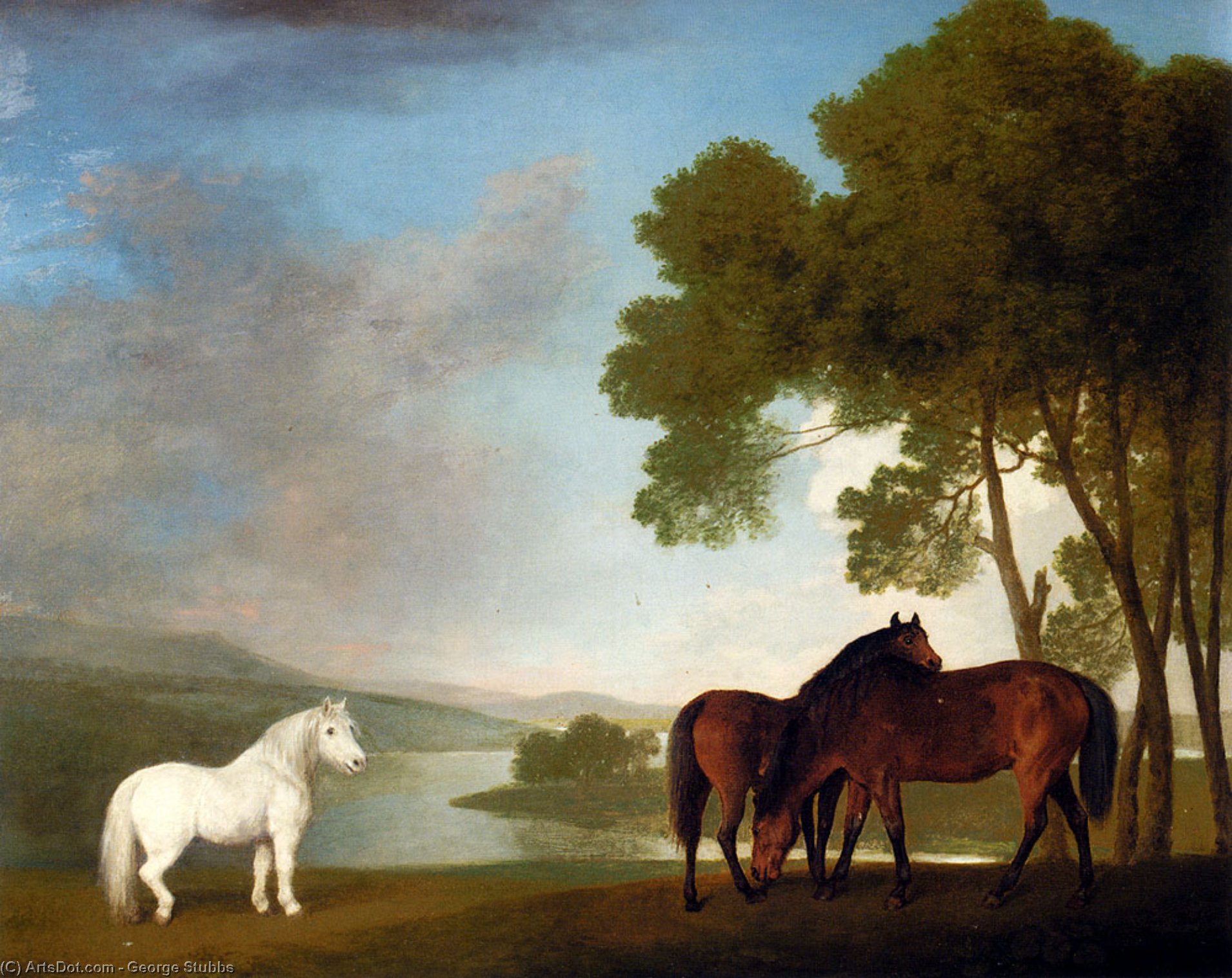 Two Bay Mares And A Grey Pony In A Landscape — George Stubbs