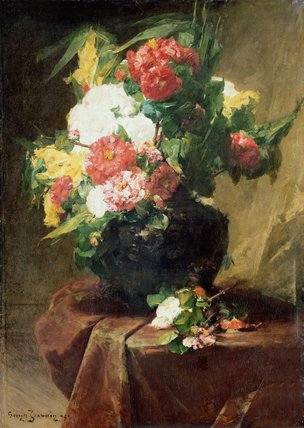 Peonies In A Vase On A Draped Table — Georges Jeannin