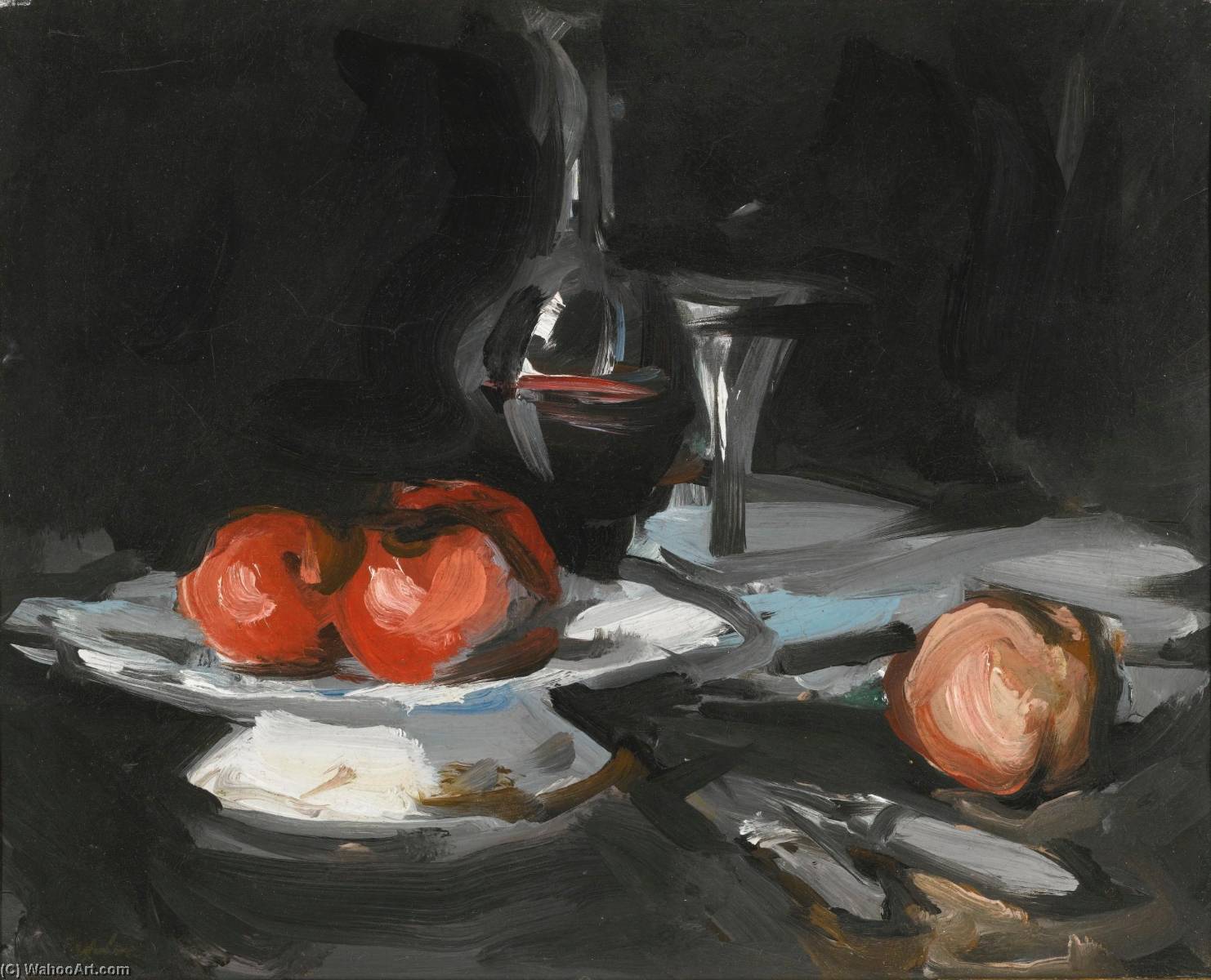 Still Life With Wine Decanter, Glass And Apples — Samuel John Peploe