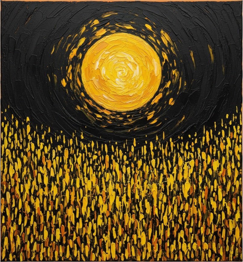 Resplandor Celestial Sobre Un Campo De Obsidiana De Pinceladas Rítmicas De Impasto Dorado — Laurent Fabre