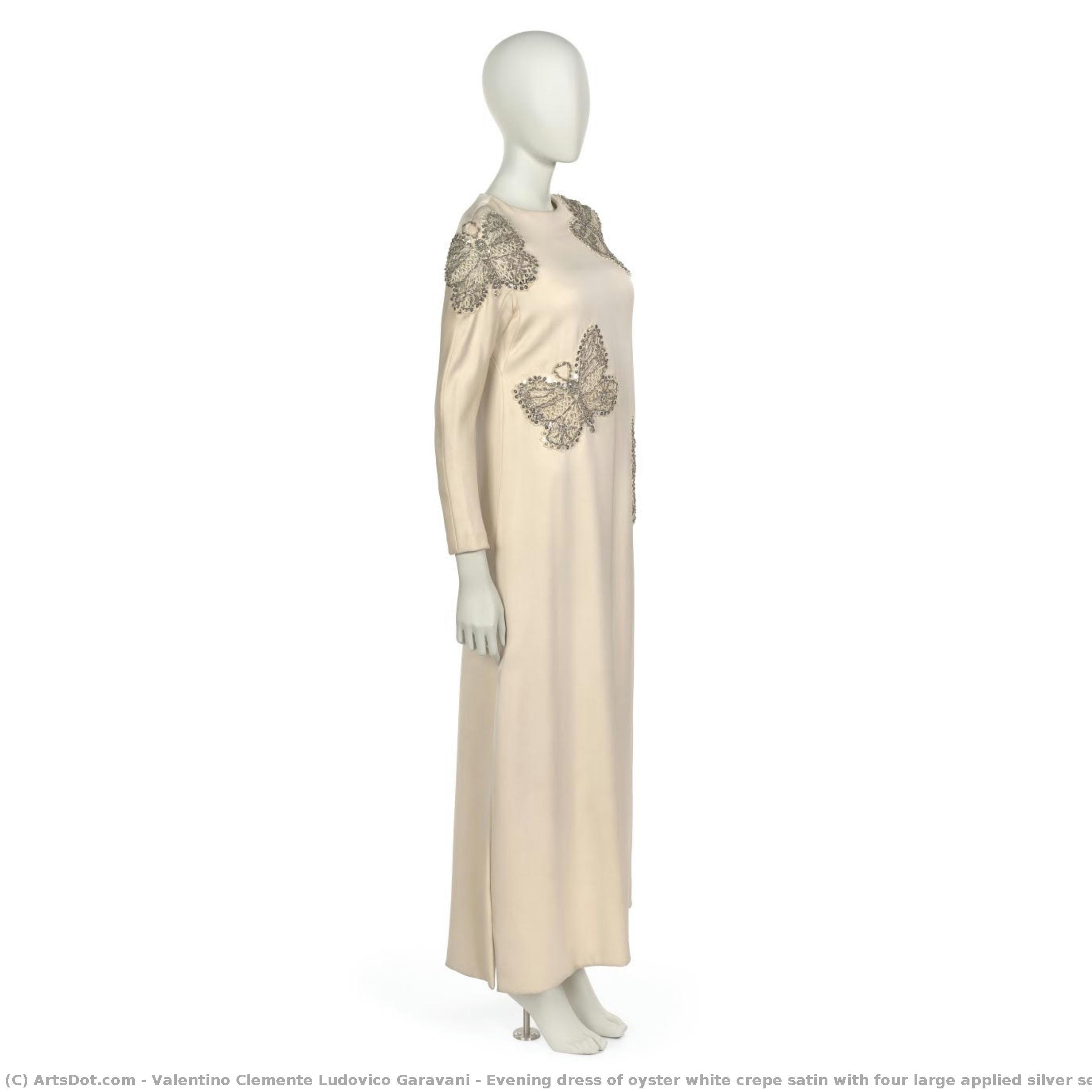 Evening Dress Of Oyster White Crepe Satin With Four Large Applied Silver Sequin, Bead And Rhinestone Butterflies — Valentino Clemente Ludovico Garavani