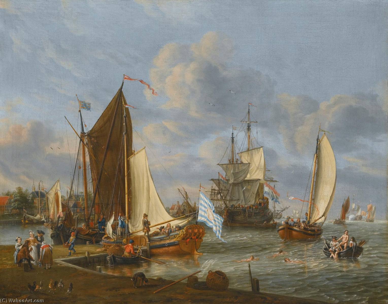 A Dutch Harbour With A Bezan Yacht And A Galjoot Moored At A Quay, A Boeier Yacht Under Sail And A Man O'war Anchored Beyond, With Figures Bathing From A Rowing Boat — Abraham Storck (sturckenburch)