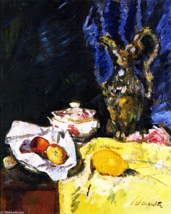 Still Life With Fruit, A Ewer And An Ecuelle On A Yellow Drape — George Leslie Hunter