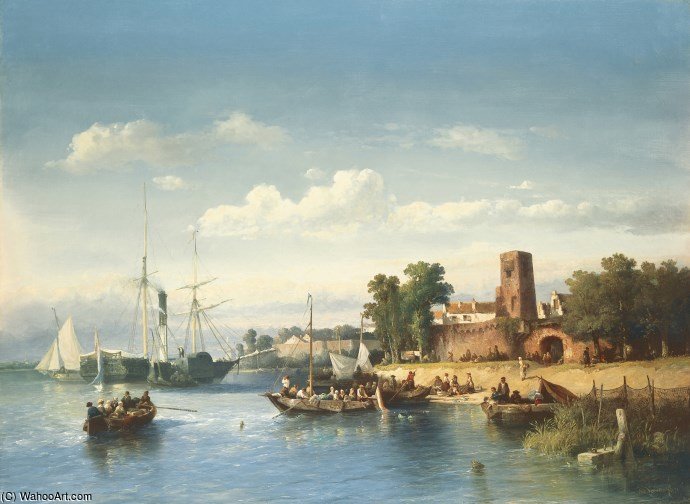 The Merwede At Woudrichem With A Paddle-boat And A Ferry — Salomon Leonardus Verveer
