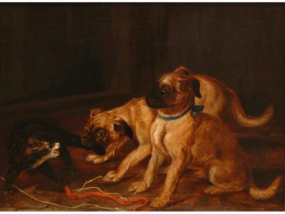 Two Pugs Confronting A Cat — Horatio Henry Couldery