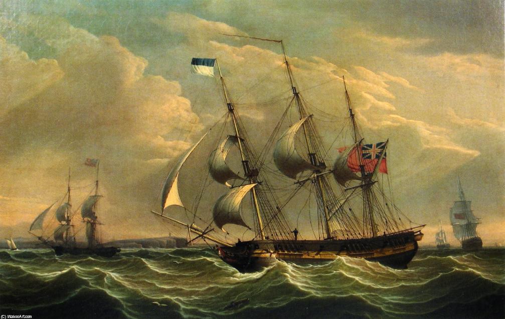 Full Rigged Ships And A Brig Off The Coast Of England — Robert W. Salmon