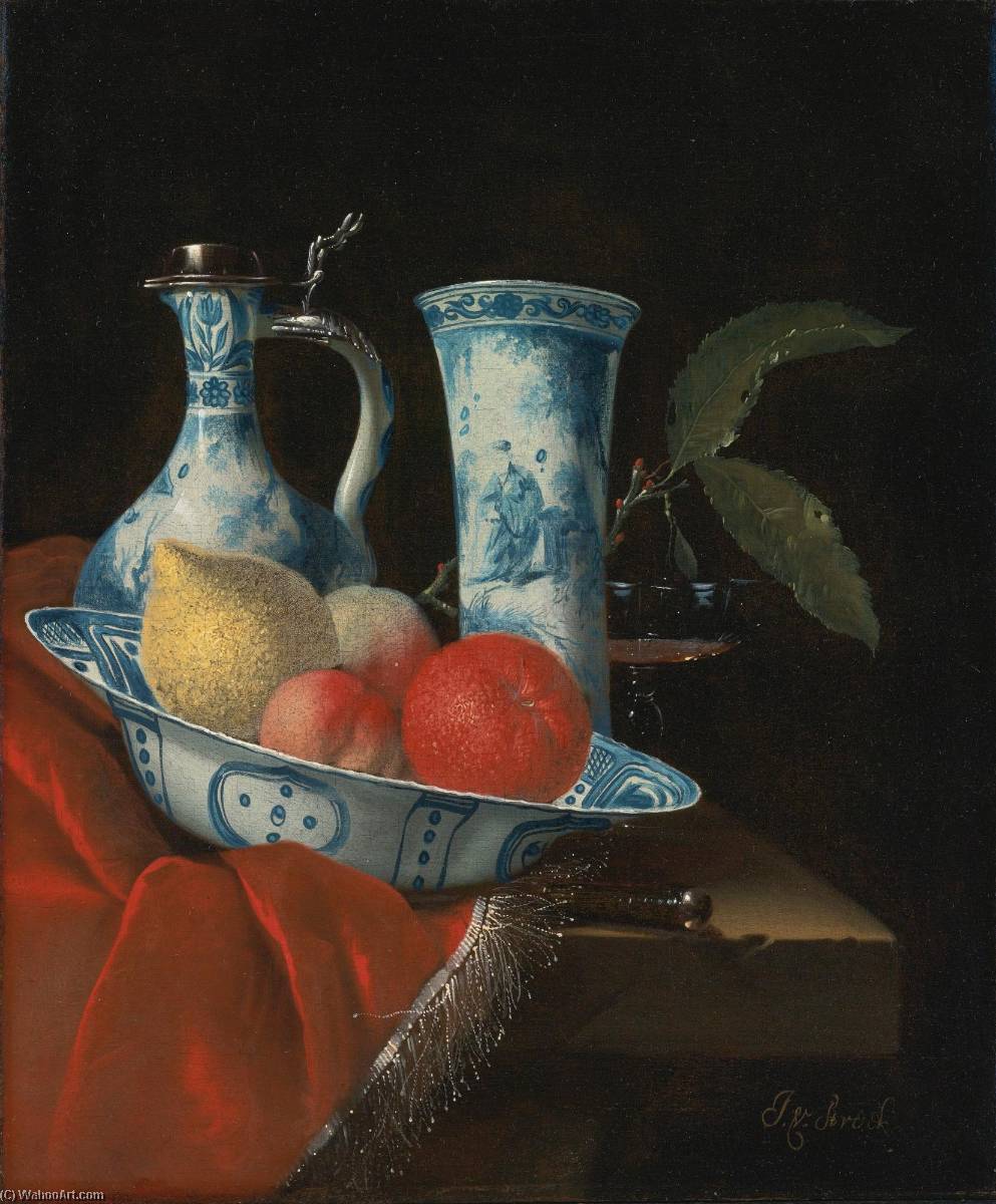 Still Life Of A Blue And White Wan Li Bowl With Peaches, A Lemon And An Orange, A Porcelain Ewer And Vase, A Wine Glass And A Knife, On A Partly Draped Stone Ledge — Juriaan Van Streek