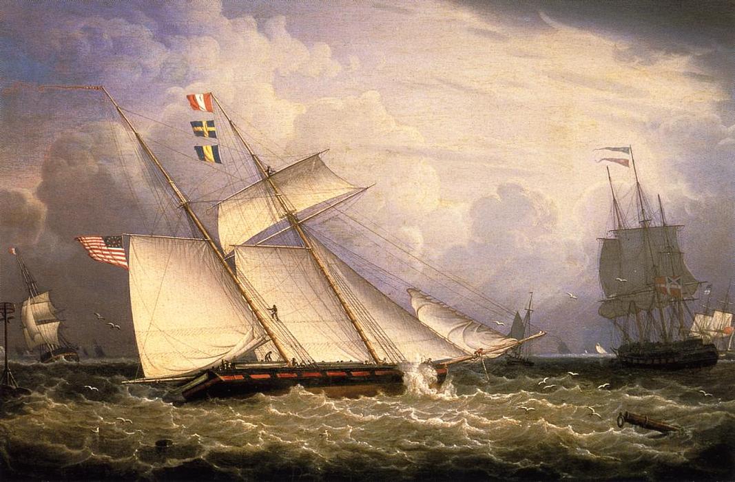 American Schooner Under Sail With Heavy Seas — Robert W. Salmon
