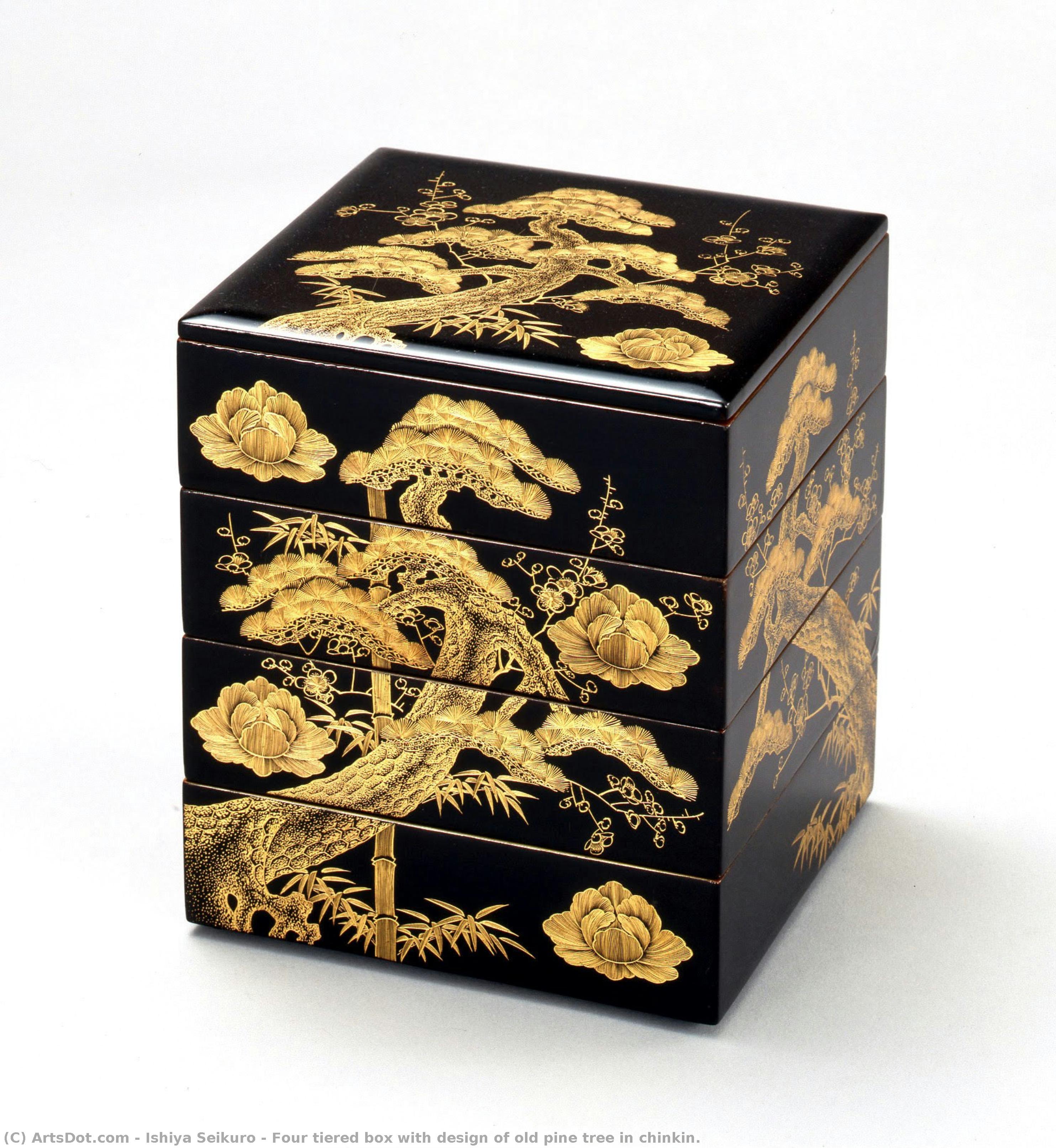 Four Tiered Box With Design Of Old Pine Tree In Chinkin. — Ishiya Seikuro