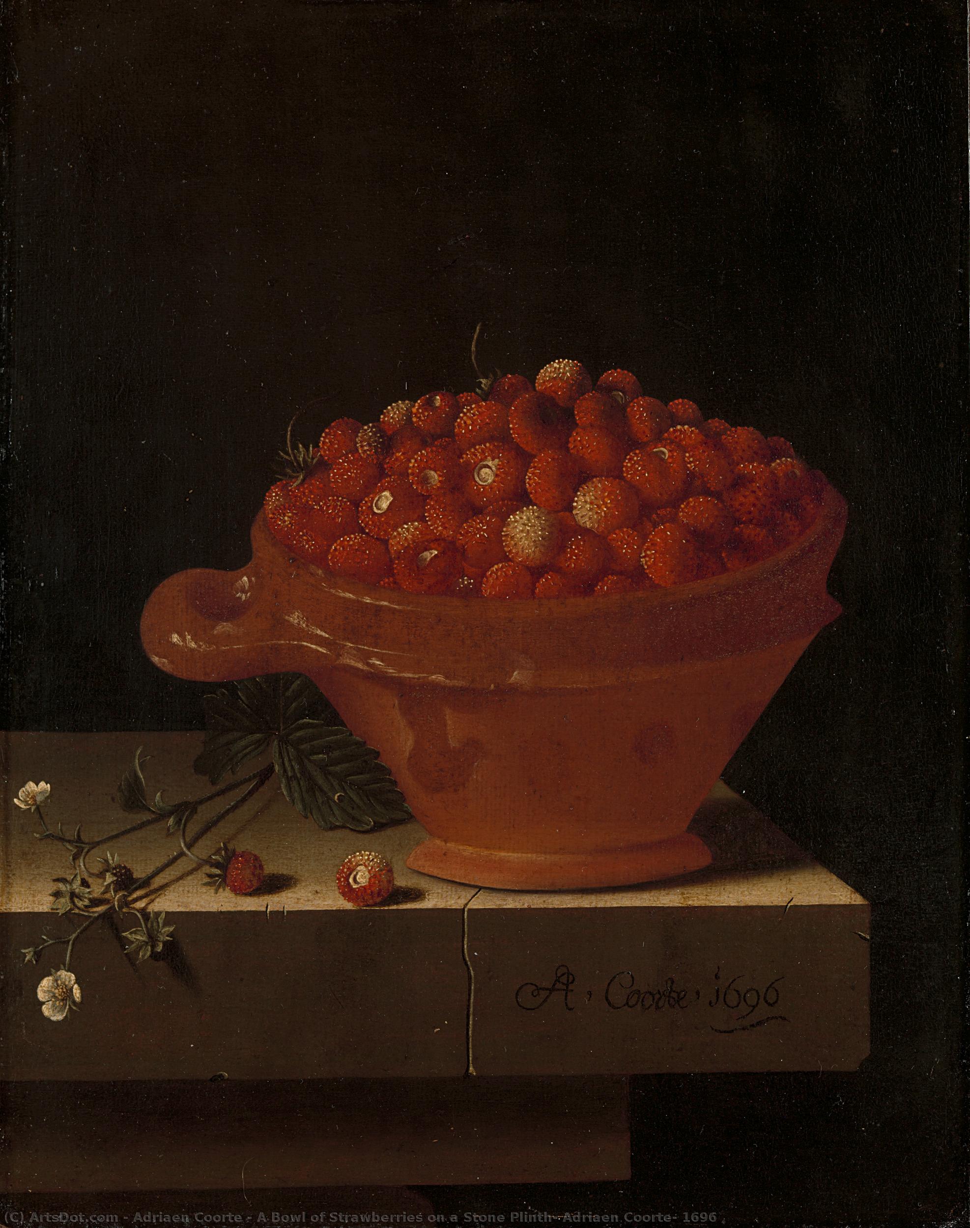 A Bowl Of Strawberries On A Stone Plinth, Adriaen Coorte, 1696 — Adrijen Kort