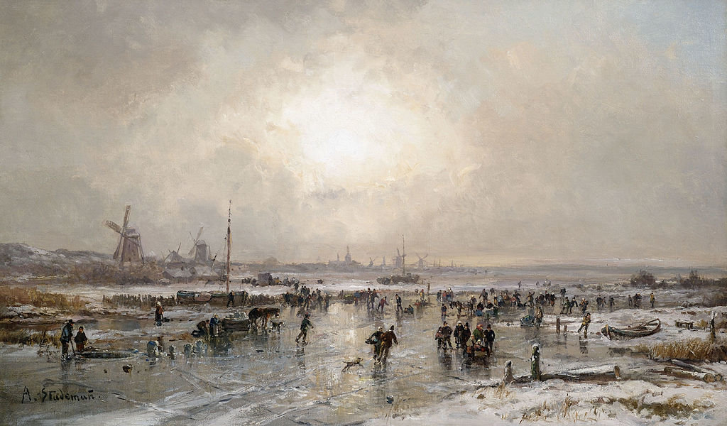 Winterliches Eisvergnügen Auf Einem Zugefrorenen Kanal Vor Holländischer Stadtsilhouette — Adolf Stademann