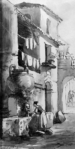 An Italian Street With A Woman Washing Clothes At A Fountain — Victor Jean Nicolle