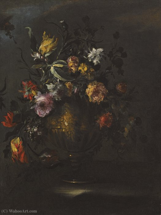 A Still Life Of Roses, Tulips And Other Flowers In A Bronze Vase On A Stone Ledge — Margherita Caffi