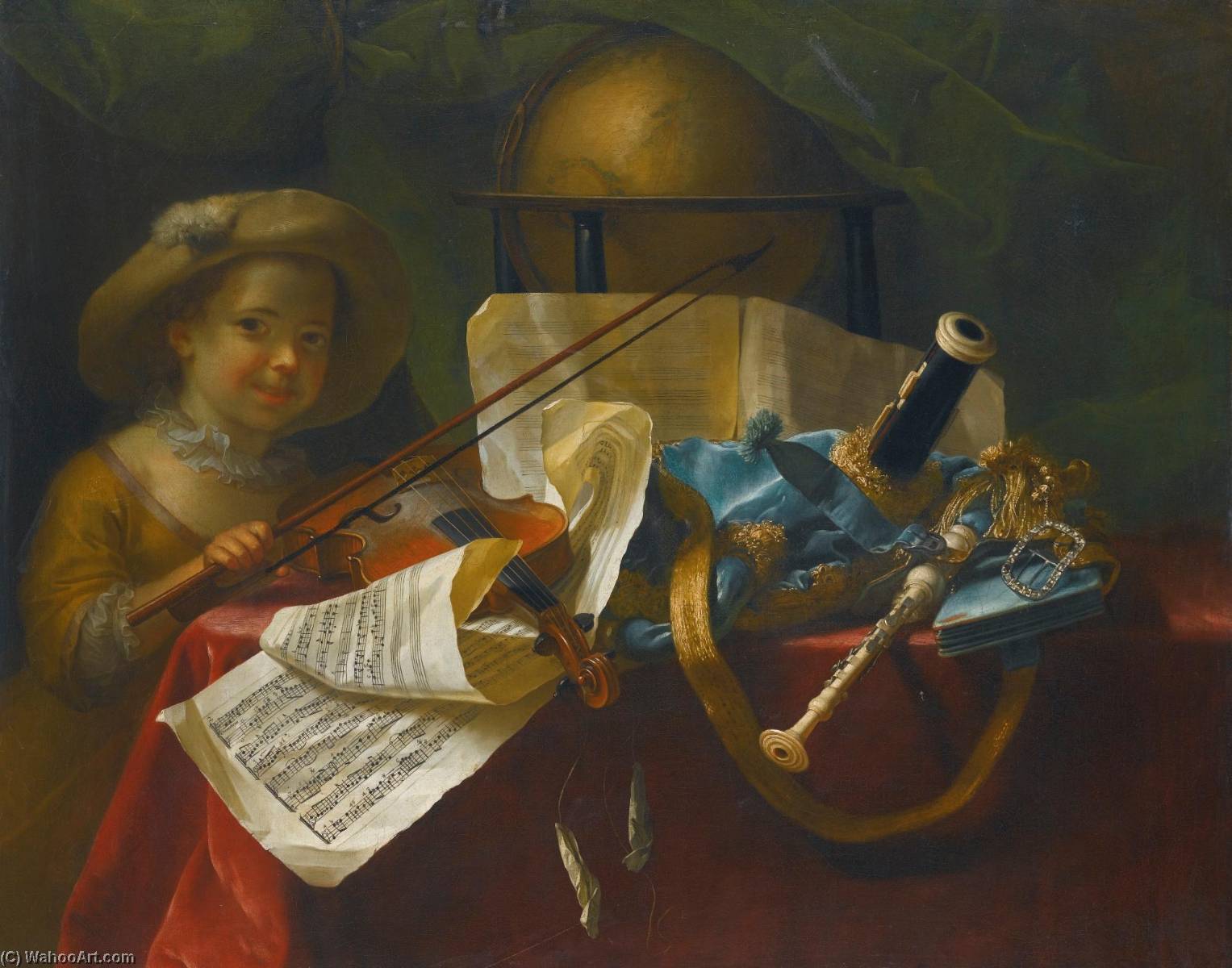A Still Life Of Pipes, A Globe, An Engraved Musical Score Of A French Overture And A Violin On A Table Draped With A Red Cloth, A Young Girl Looking On — Nicolas Henry Jeaurat De Bertry