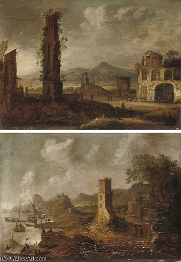 A Rocky River Landscape With Figures Among Ancient Ruins — Dirck Verhaert