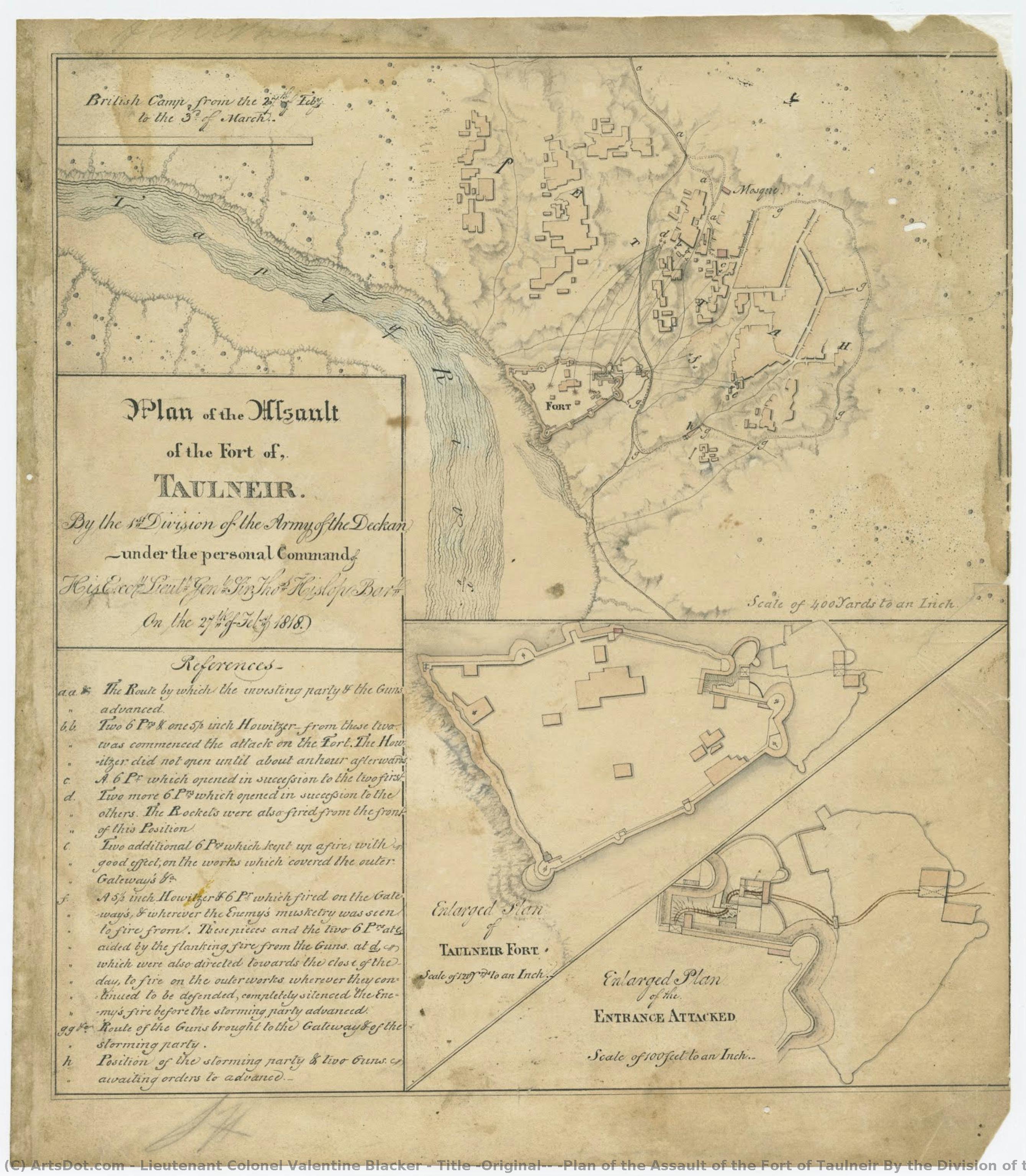 Title (original): “plan Of The Assault Of The Fort Of Taulneir By The Division Of The Army Of The Deckan – Under Personal Command Of His Excellency Lieutt. Genl. Sir Thos. Hislop, Bart. On The 27th Of July 1818.” — Oberstleutnant Valentine Blacker