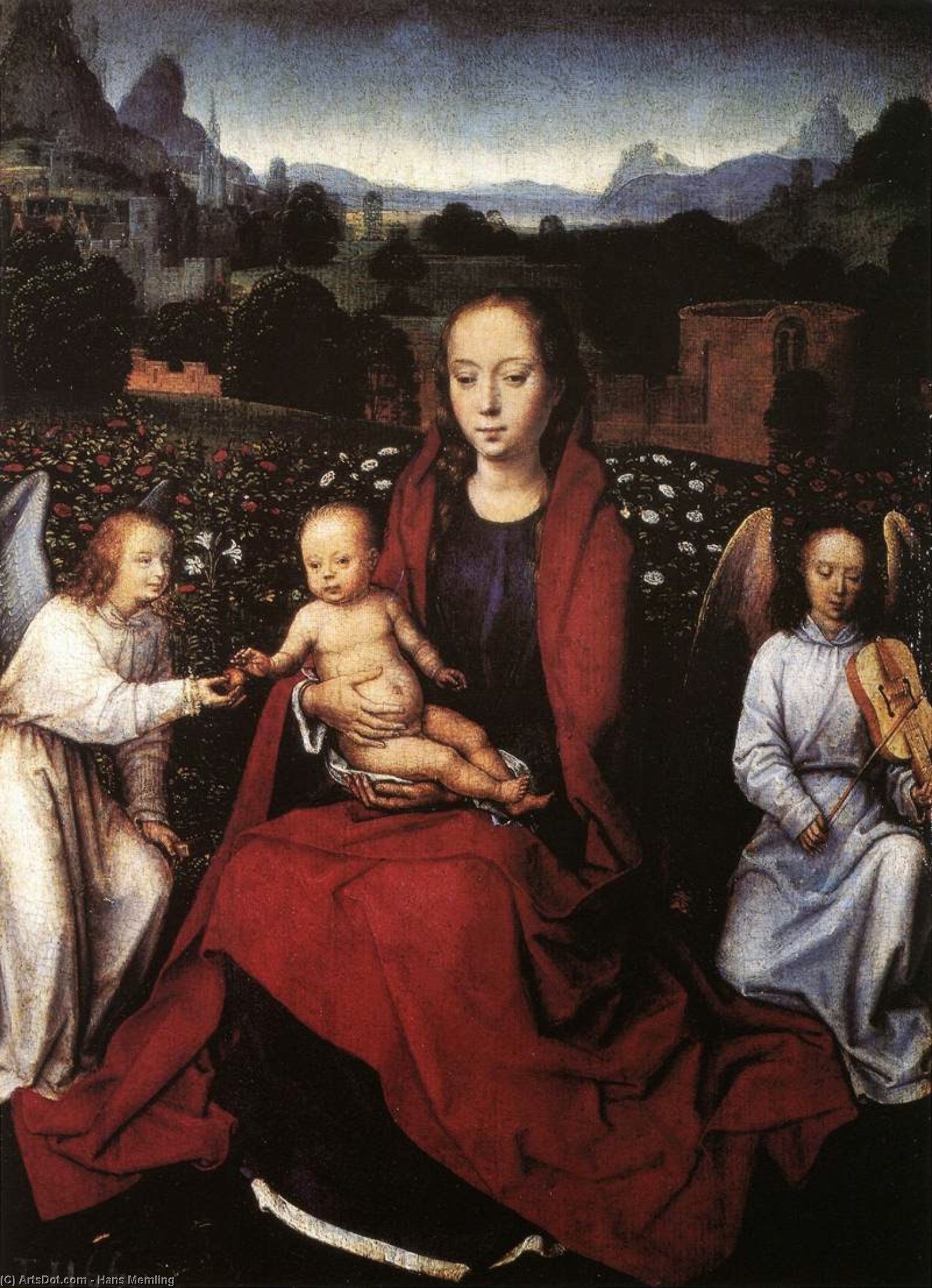 Jungfrau Und Kind In Einem Rosengarten Mit Zwei Engeln — Hans Memling