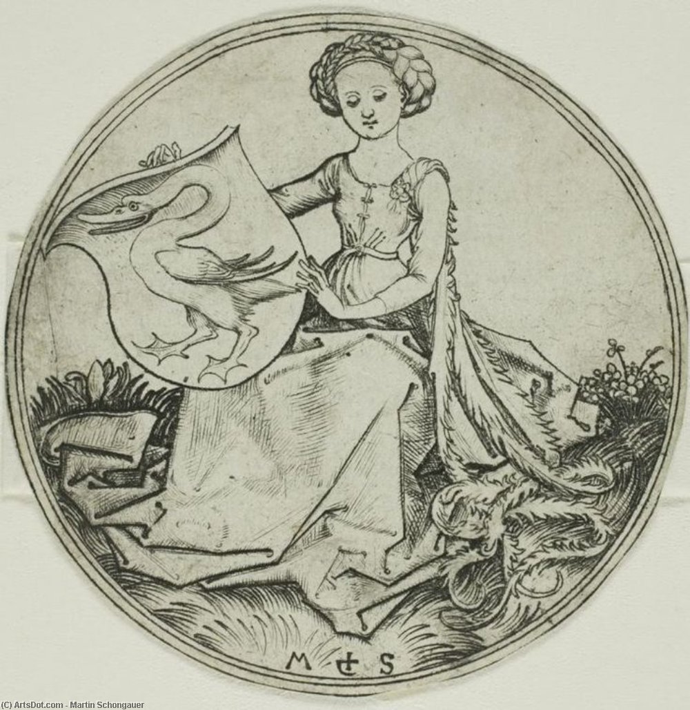 Shield With A Swan,held By A Seated Lady — Martin Schongauer