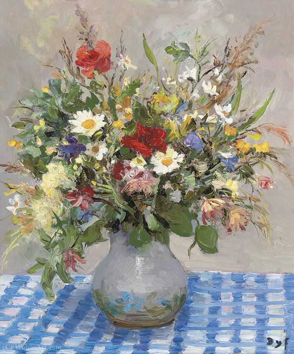 Wild Flowers On The Table-cloth Of Blue And White, (1977) — Marcel Dyf