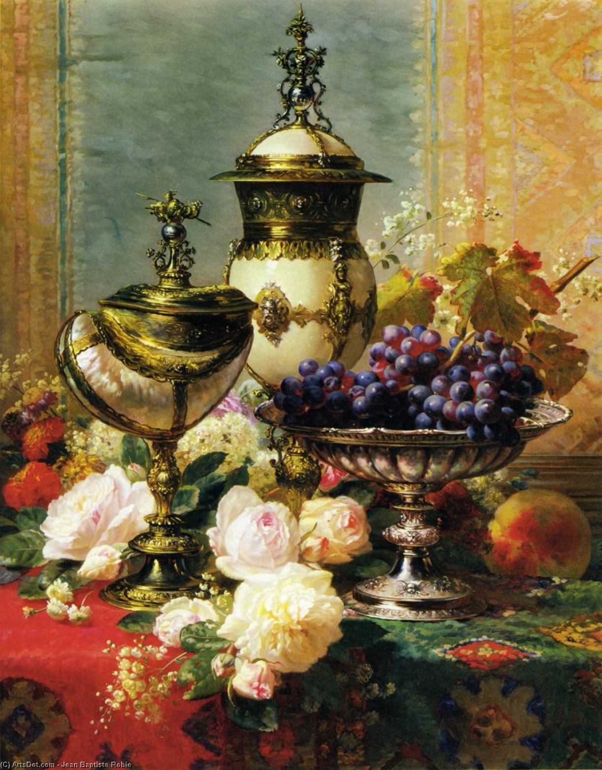 A Still Life With Roses - Grapes And A Silver Inlaid Nautilus Shell — Jean Baptiste Robie