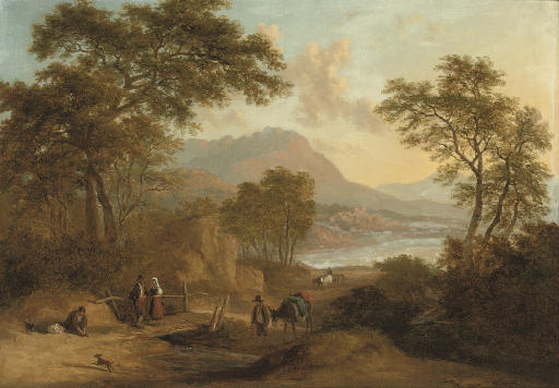 An Alpine River Landscape With Figures On A Track In The Foreground, A Town Beyond — Ramsay Richard Reinagle