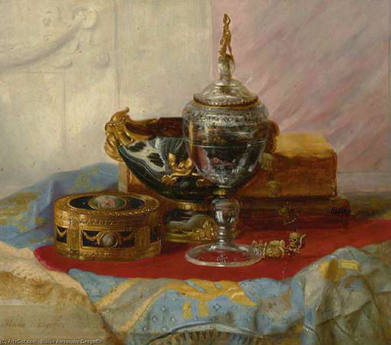 A Still Life With A Lady's Gold Box, A Crystal Chalice And Other Objects On A Draped Marble Table — Blaise Alexandre Desgoffe