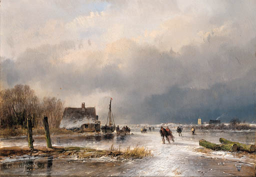 A Winter Landscape With Skaters On A Frozen Waterway — Andreas Schelfhout